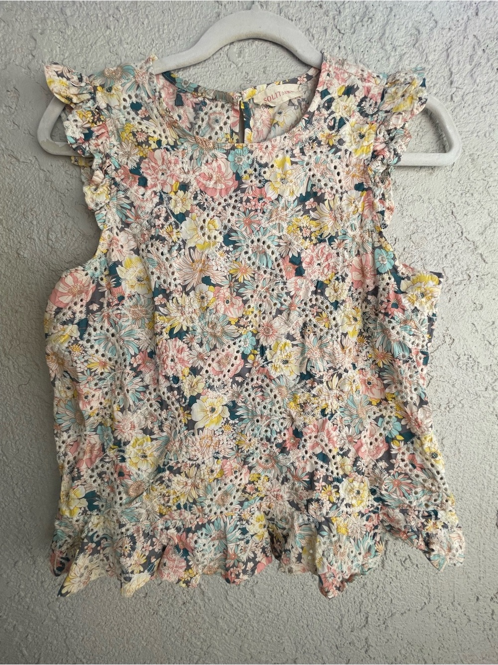 SOLITAIRE SIZE S Luxe Floral Eyelet Ruffle Camisole - Pink, Yellow, Teal